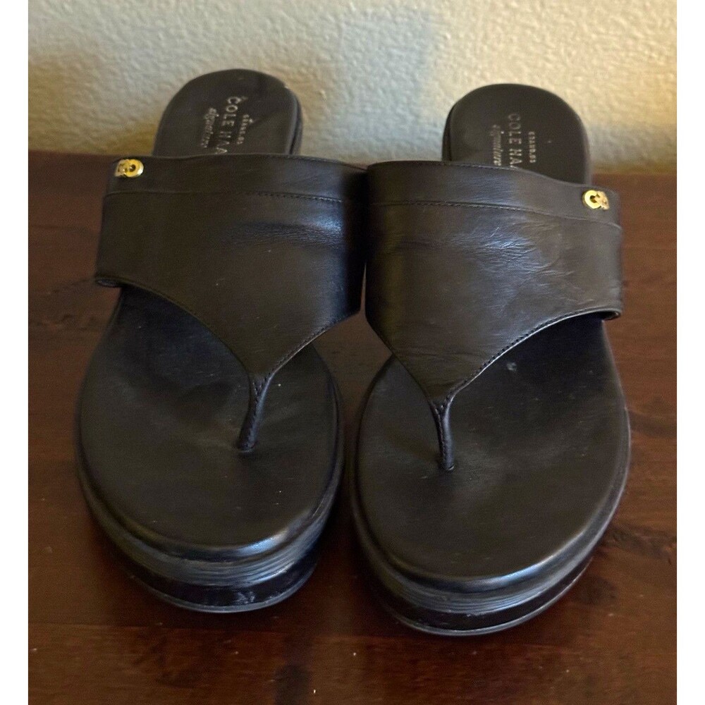 Cole Haan Black Leather Thong Wedge Slide Sandals Women's Size 8 B W06762